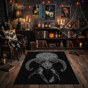 Plague Mask Figure Area Rug front view in a warm candlelit room