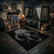 Plague Mask Figure Area Rug displayed in a richly decorated room