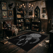 Plague Mask Figure Area Rug angled view beside gothic bedroom furniture