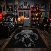 Plague Mask Figure Area Rug displayed beneath gothic wall art