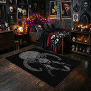 Plague Mask Figure Area Rug styled with red shelves and spooky ornaments