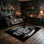 Horned Demon Illustration Area Rug wide room view with Halloween decorations