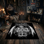 Horned Demon Illustration Area Rug styled in a candlelit gothic living room