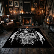 Horned Demon Illustration Area Rug displayed beside red accented shelving