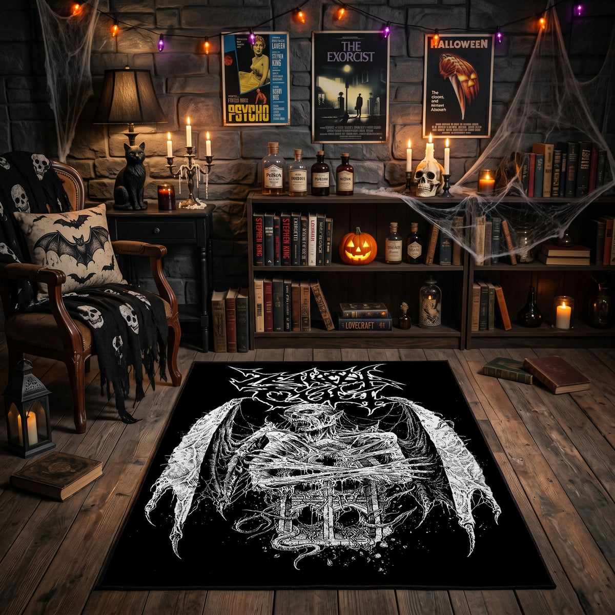 Horned Demon Illustration Area Rug front view in a warm candlelit room