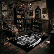 Horned Demon Illustration Area Rug angled view beside gothic bedroom furniture