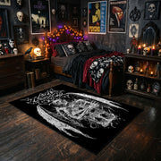 Horned Demon Illustration Area Rug styled with red shelves and spooky ornaments