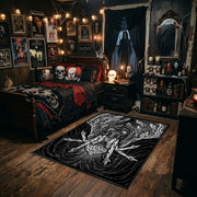 Horned Goat Skull Area Rug styled in a gothic bedroom