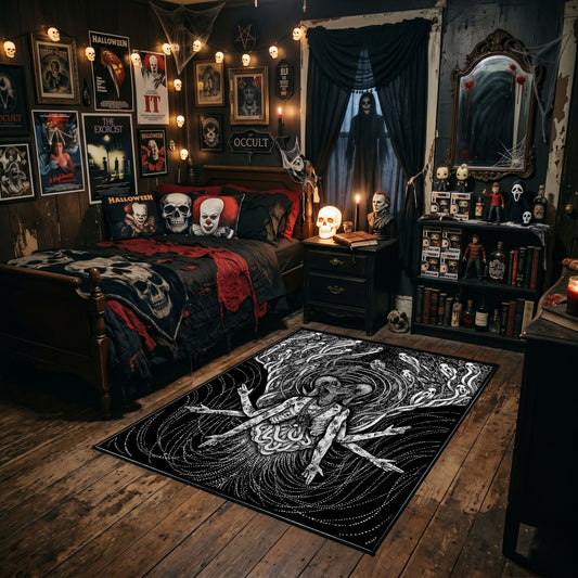 Horned Goat Skull Area Rug styled in a gothic bedroom