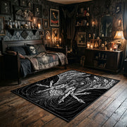 Horned Goat Skull Area Rug wide room view with spooky decor