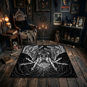Horned Goat Skull Area Rug shown in a candlelit dark room