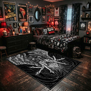 Horned Goat Skull Area Rug displayed beside a decorated bed