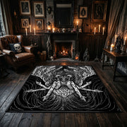Horned Goat Skull Area Rug centered in a moody living room