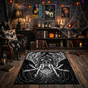 Horned Goat Skull Area Rug front view near a fireplace
