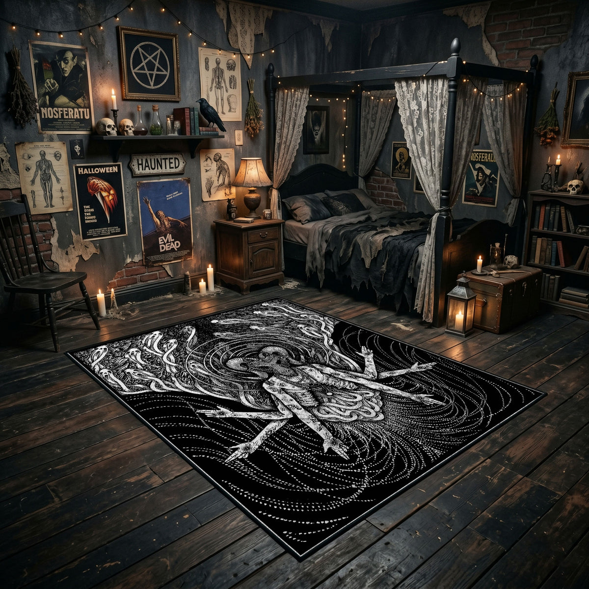 Horned Goat Skull Area Rug angled view with dark furniture