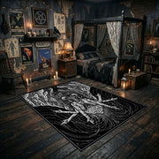 Horned Goat Skull Area Rug angled view with dark furniture