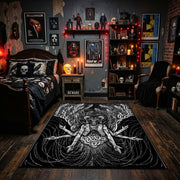 Horned Goat Skull Area Rug displayed beneath framed wall art