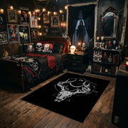 Minimal Horned Skull Emblem Area Rug styled in a gothic bedroom