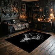 Minimal Horned Skull Emblem Area Rug wide room view with spooky decor