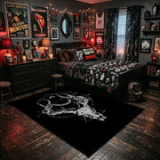 Minimal Horned Skull Emblem Area Rug displayed beside a decorated bed