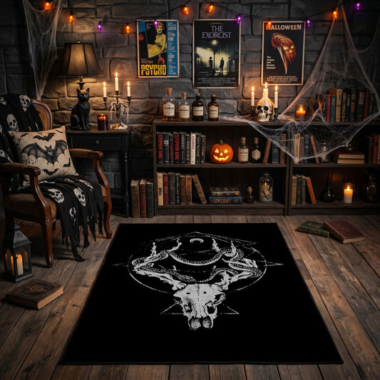 Minimal Horned Skull Emblem Area Rug front view near a fireplace