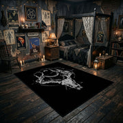 Minimal Horned Skull Emblem Area Rug angled view with dark furniture