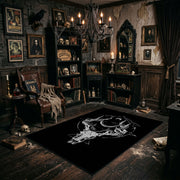 Minimal Horned Skull Emblem Area Rug shown with vintage gothic decor