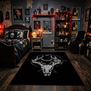 Minimal Horned Skull Emblem Area Rug displayed beneath framed wall art