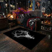 Minimal Horned Skull Emblem Area Rug styled with red Halloween accents