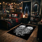 Twin Horned Skulls Occult Area Rug styled in a gothic bedroom