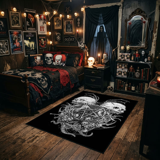 Twin Horned Skulls Occult Area Rug styled in a gothic bedroom