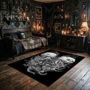 Twin Horned Skulls Occult Area Rug wide room view with spooky decor