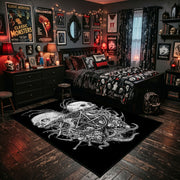 Twin Horned Skulls Occult Area Rug displayed beside a decorated bed