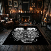 Twin Horned Skulls Occult Area Rug centered in a moody living room