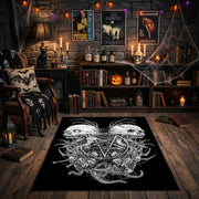 Twin Horned Skulls Occult Area Rug front view near a fireplace