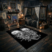 Twin Horned Skulls Occult Area Rug angled view with dark furniture