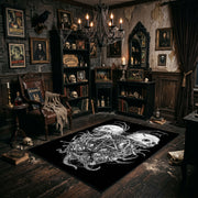 Twin Horned Skulls Occult Area Rug shown with vintage gothic decor