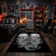 Twin Horned Skulls Occult Area Rug displayed beneath framed wall art