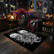Twin Horned Skulls Occult Area Rug styled with red Halloween accents