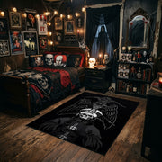 Skeletal Raven Occult Area Rug styled in a gothic bedroom