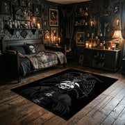 Skeletal Raven Occult Area Rug wide room view with spooky decor