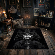 Skeletal Raven Occult Area Rug shown in a candlelit dark room