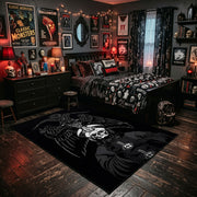 Skeletal Raven Occult Area Rug displayed beside a decorated bed