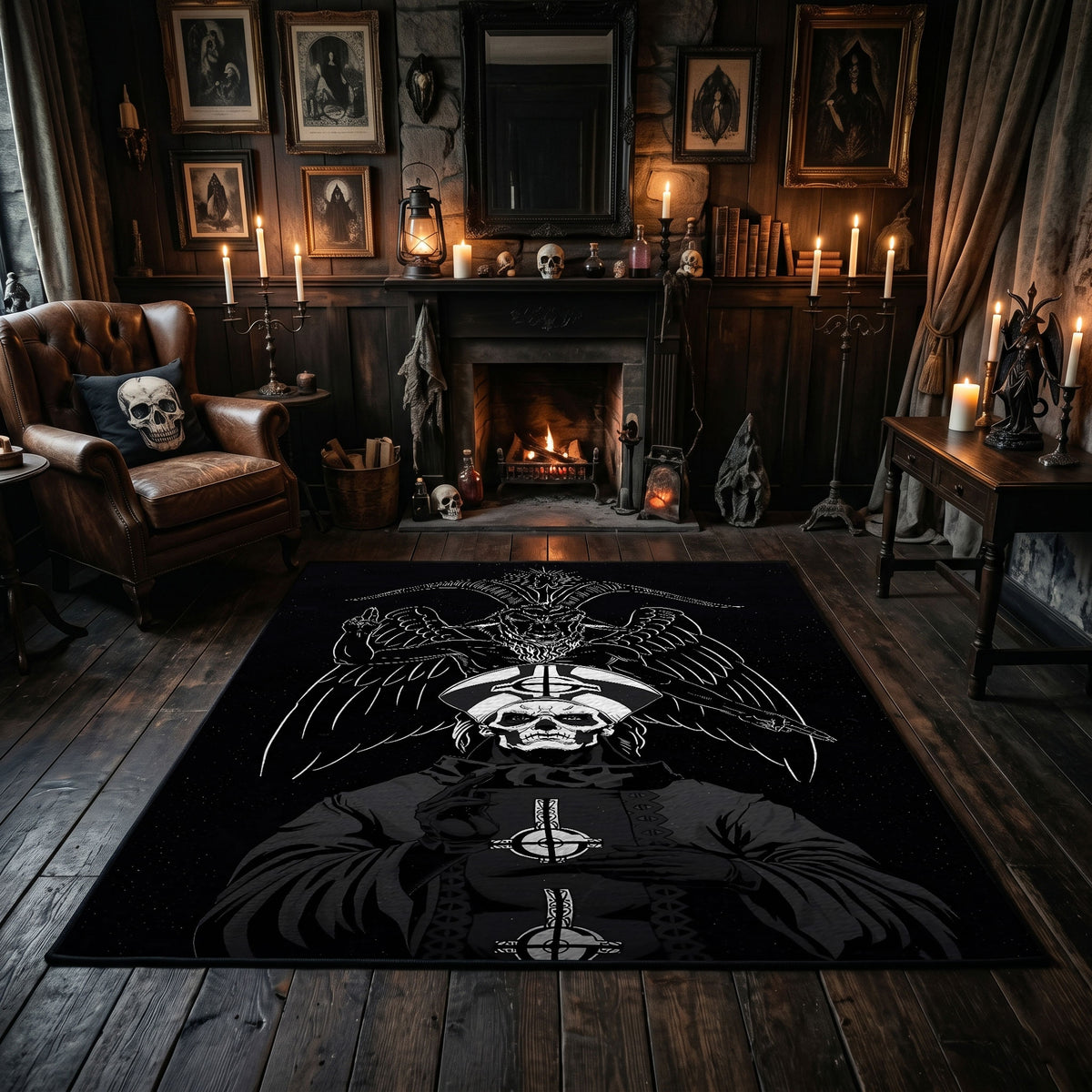 Skeletal Raven Occult Area Rug centered in a moody living room