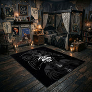 Skeletal Raven Occult Area Rug angled view with dark furniture