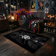 Skeletal Raven Occult Area Rug styled with red Halloween accents