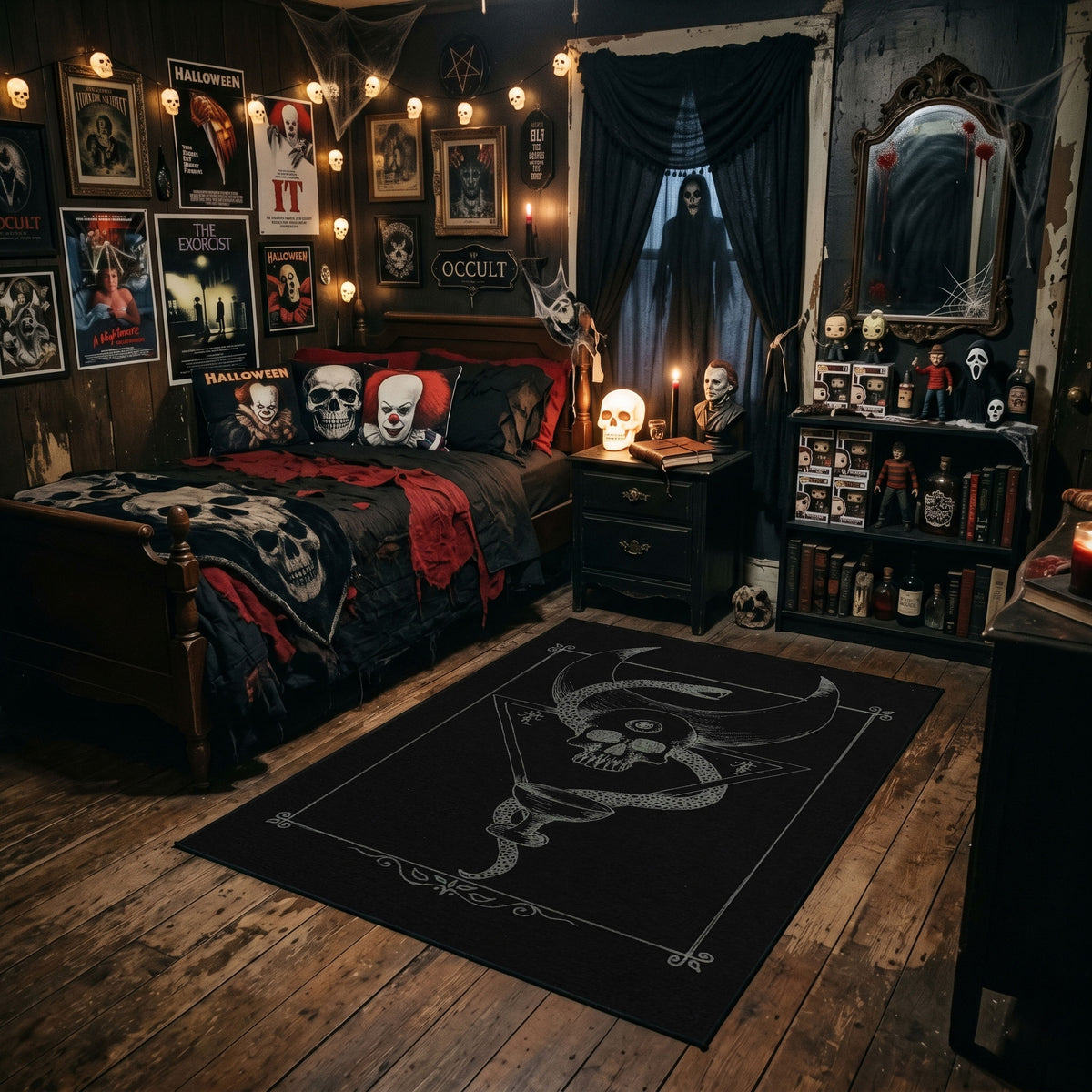 Minimal Serpent Skull Sigil Area Rug styled in a gothic bedroom