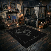 Minimal Serpent Skull Sigil Area Rug angled view with dark furniture