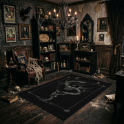 Minimal Serpent Skull Sigil Area Rug shown with vintage gothic decor