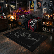 Minimal Serpent Skull Sigil Area Rug styled with red Halloween accents